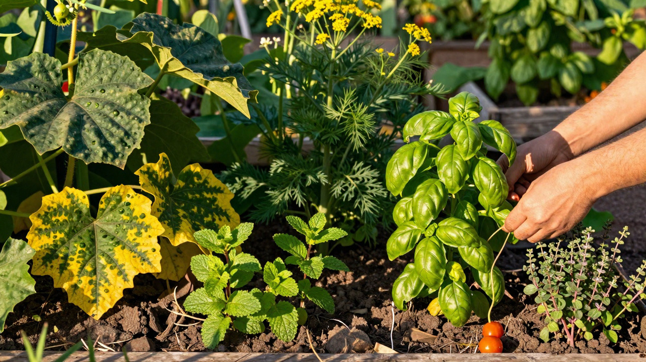 Hands harvesting ripe cherry tomatoes beside basil, mint and other herbs in a sunny vegetable garden bed.