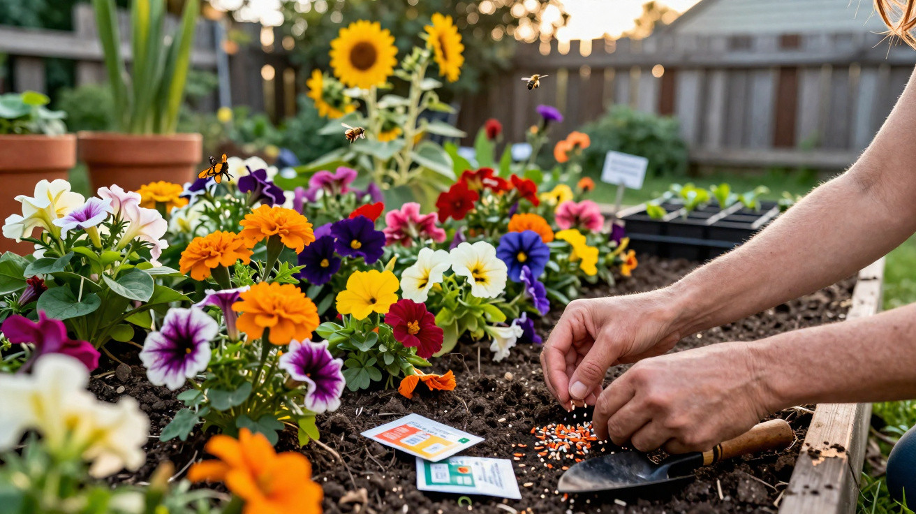 Hands planting seeds in a raised garden bed with colourful flowers and bees around in a backyard.