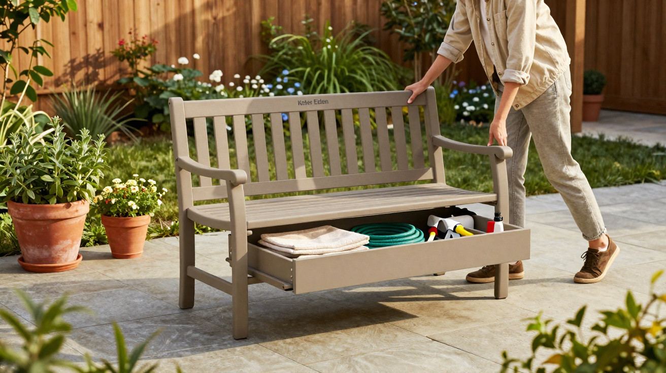 Person opening storage compartment under a wooden garden bench on a tiled patio with plants around.