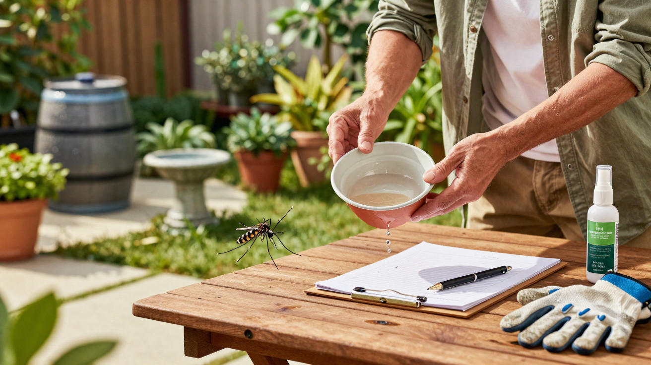 Hands holding a bowl with water dripping onto a wooden garden table with a large mosquito hovering nearby.