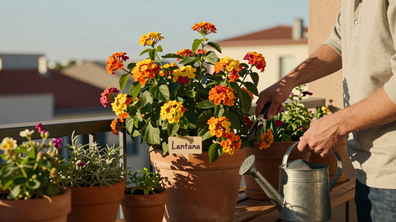 Person tending to a vibrant Lantana plant in a pot on a sunlit balcony with other potted flowers.