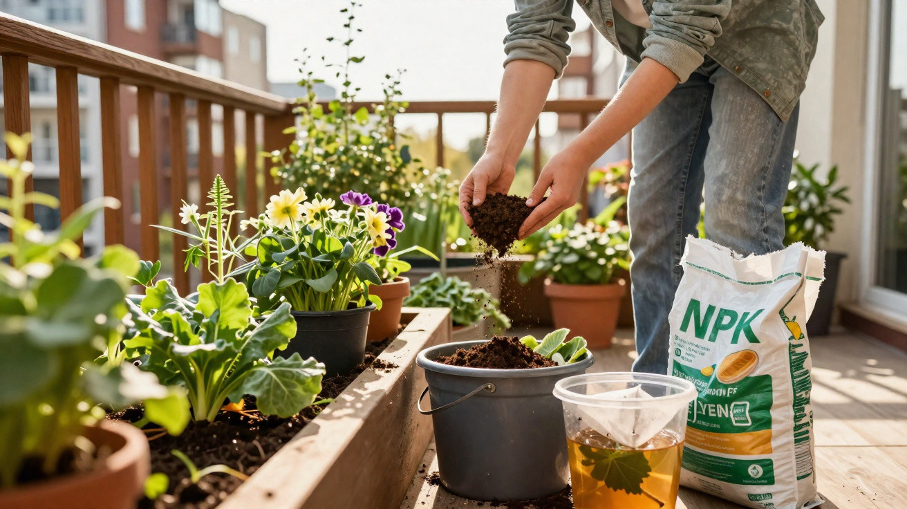 Person adding soil to a bucket on a balcony with potted flowers and gardening supplies.