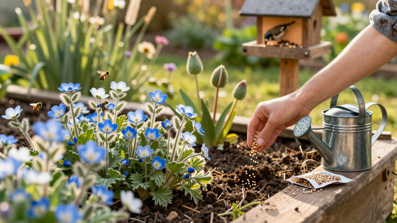 Hand sowing seeds in a garden bed with blue flowers, bees flying, and a watering can nearby.