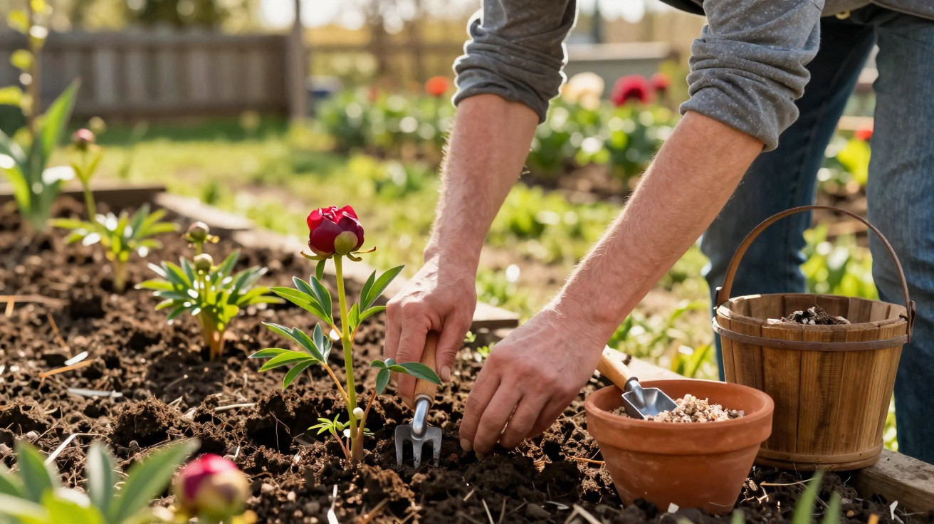 Person planting a small red flower in a garden bed with gardening tools and pots nearby.