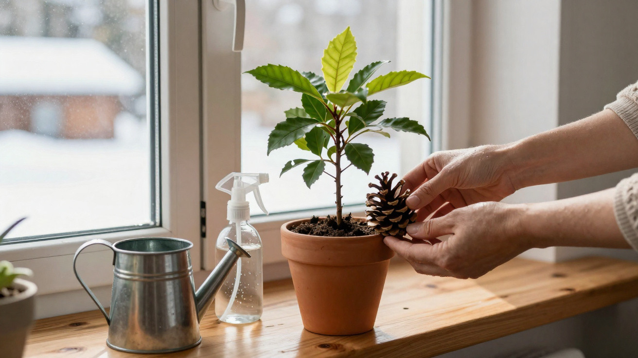 Hands holding a pine cone near a small potted plant on a windowsill with watering tools beside it.