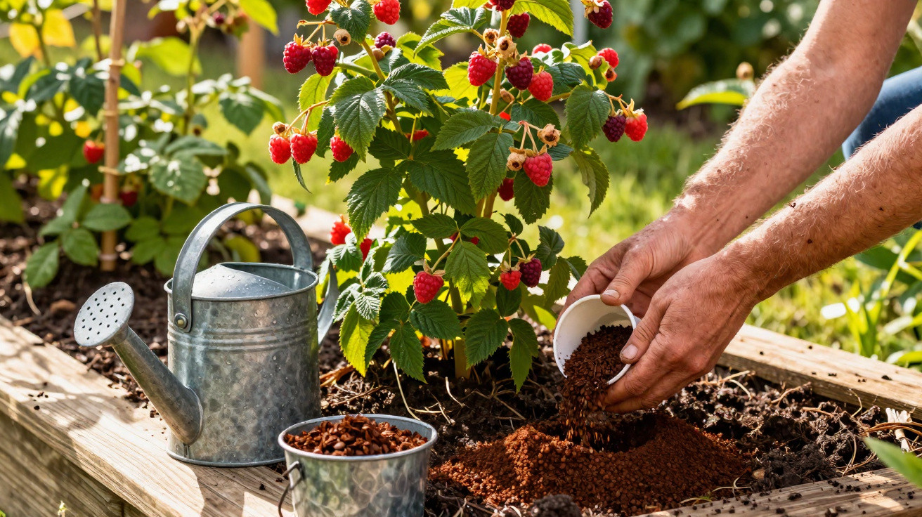 Hands adding coffee grounds to soil near a raspberry plant with a watering can in a garden bed.