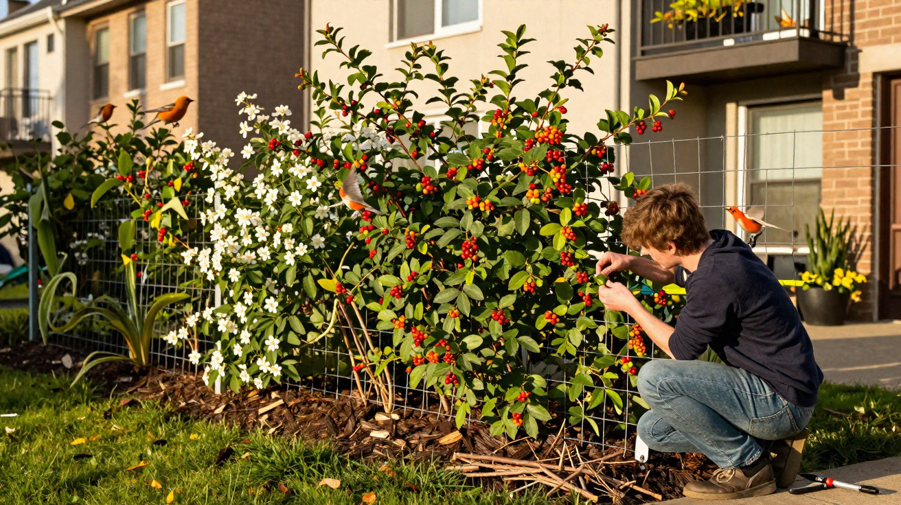Person crouching to photograph a berry bush with small red berries in a residential garden.