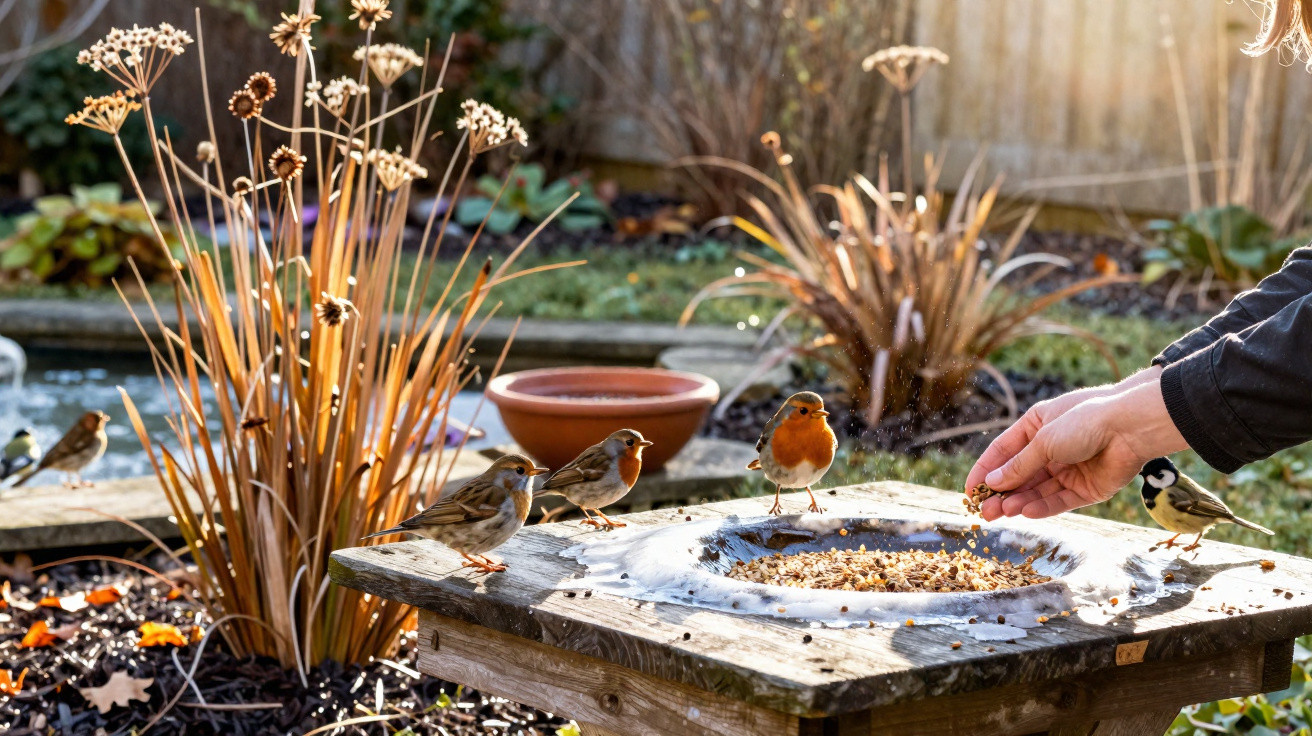 A person feeding several small birds on a wooden bird feeder in a sunny garden.