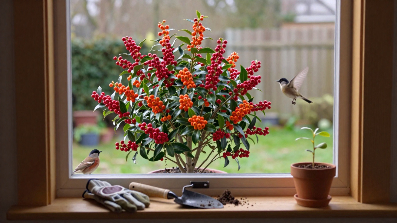 Window sill with gardening tools, a small potted plant, a vibrant berry bush outside, and two birds in a garden view.