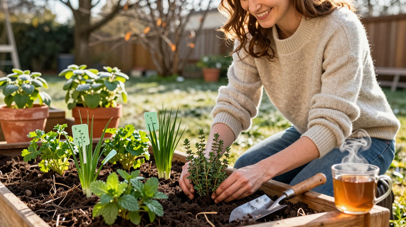 Woman planting herbs in a raised garden bed outdoors with a steaming cup of tea nearby on a sunny day.