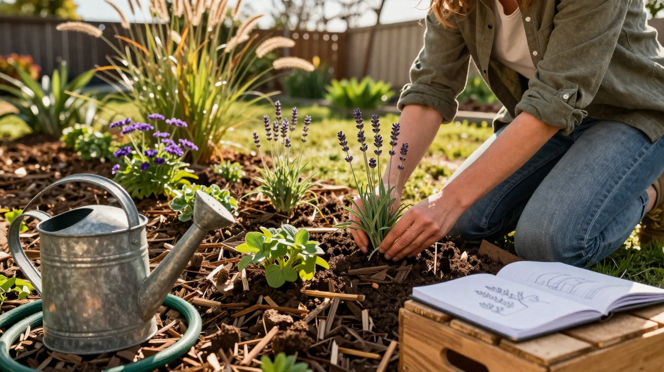 Person planting lavender in a garden bed with a watering can, hose, and an open gardening book nearby.