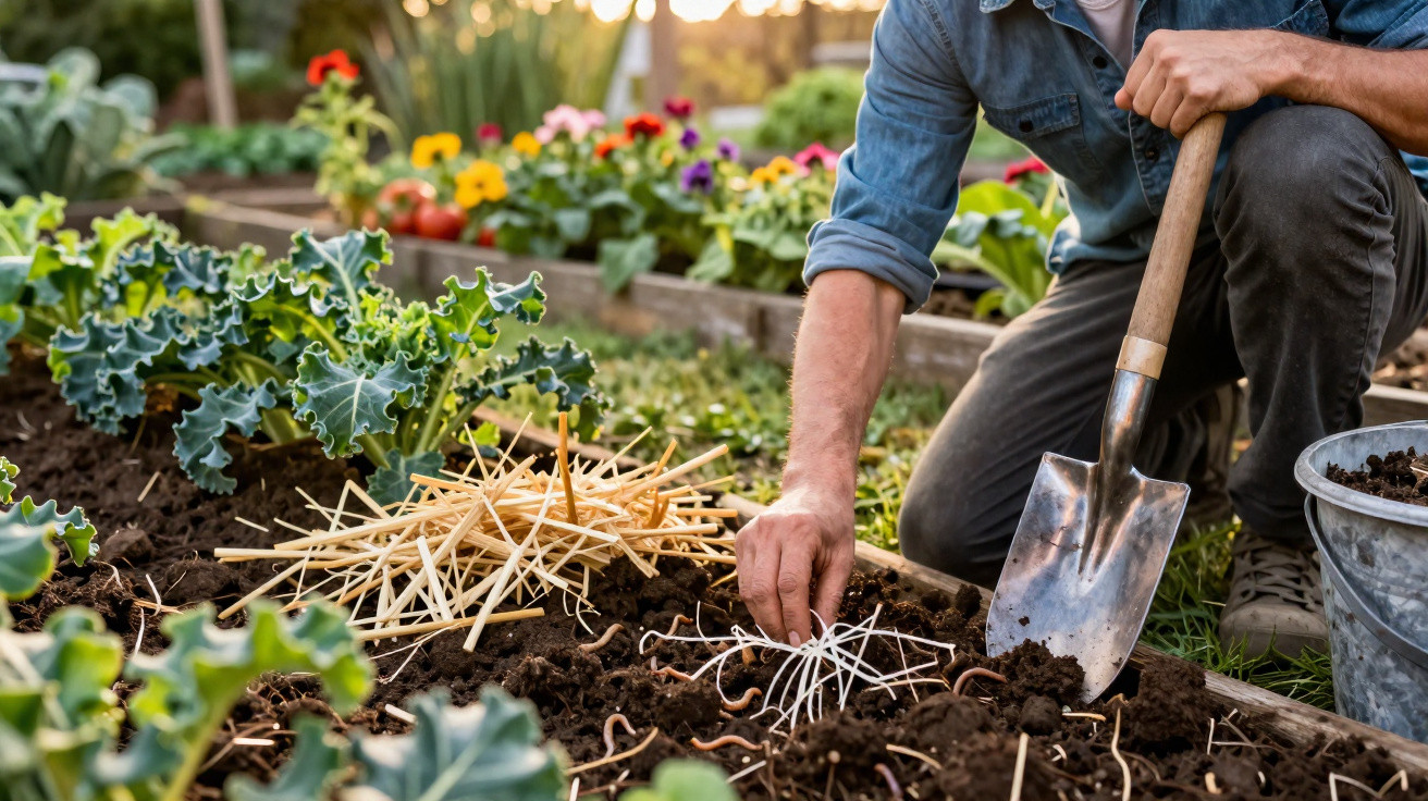 Person planting seedlings in a garden bed with kale and colourful flowers in the background at sunset.