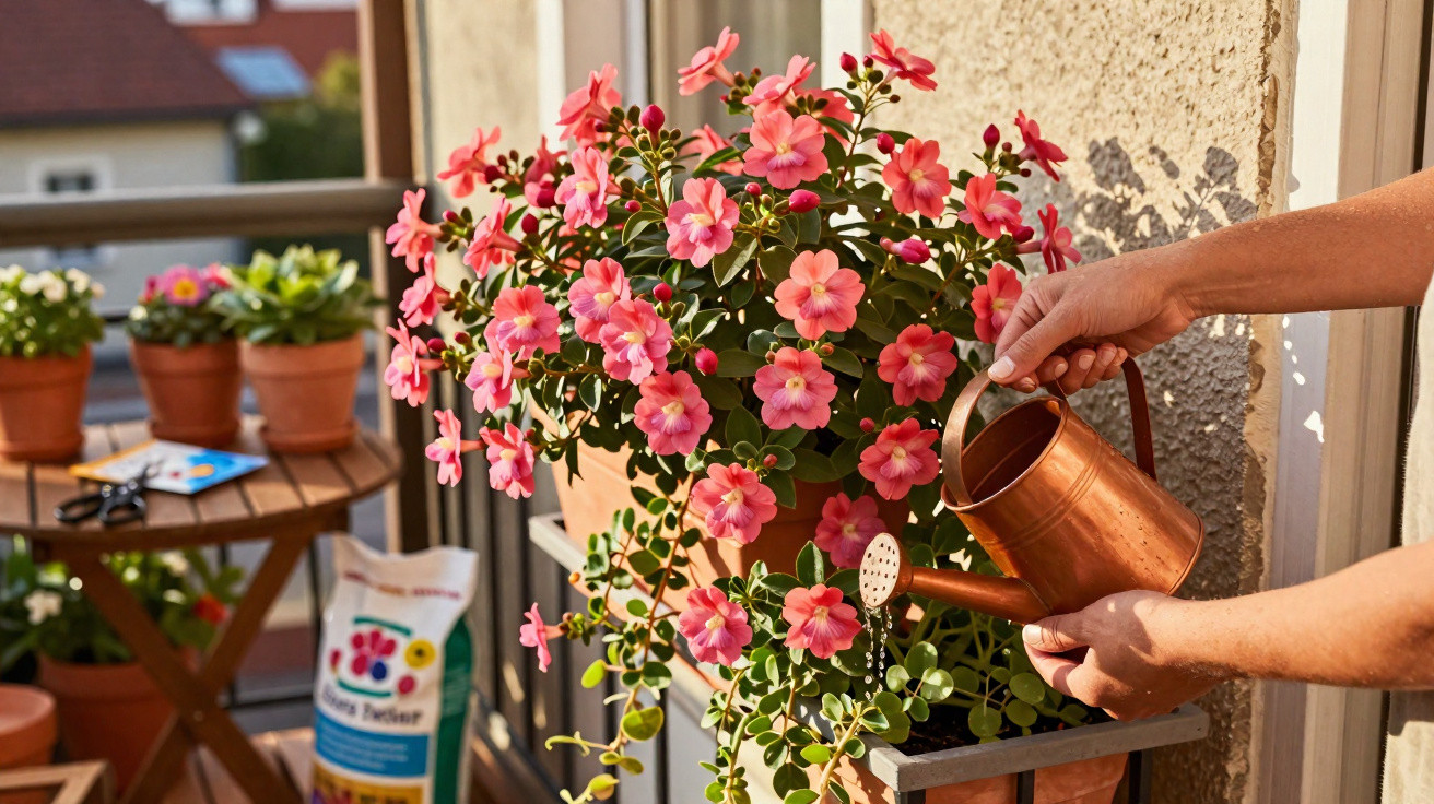 Hands watering pink flowering plants in a pot on a balcony with gardening tools and soil in the background.