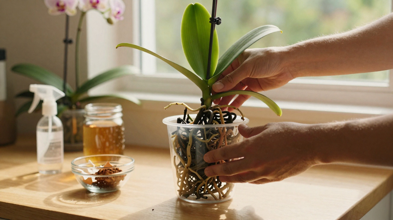 Hands repotting an orchid plant with visible roots in a transparent plastic container on a wooden table.