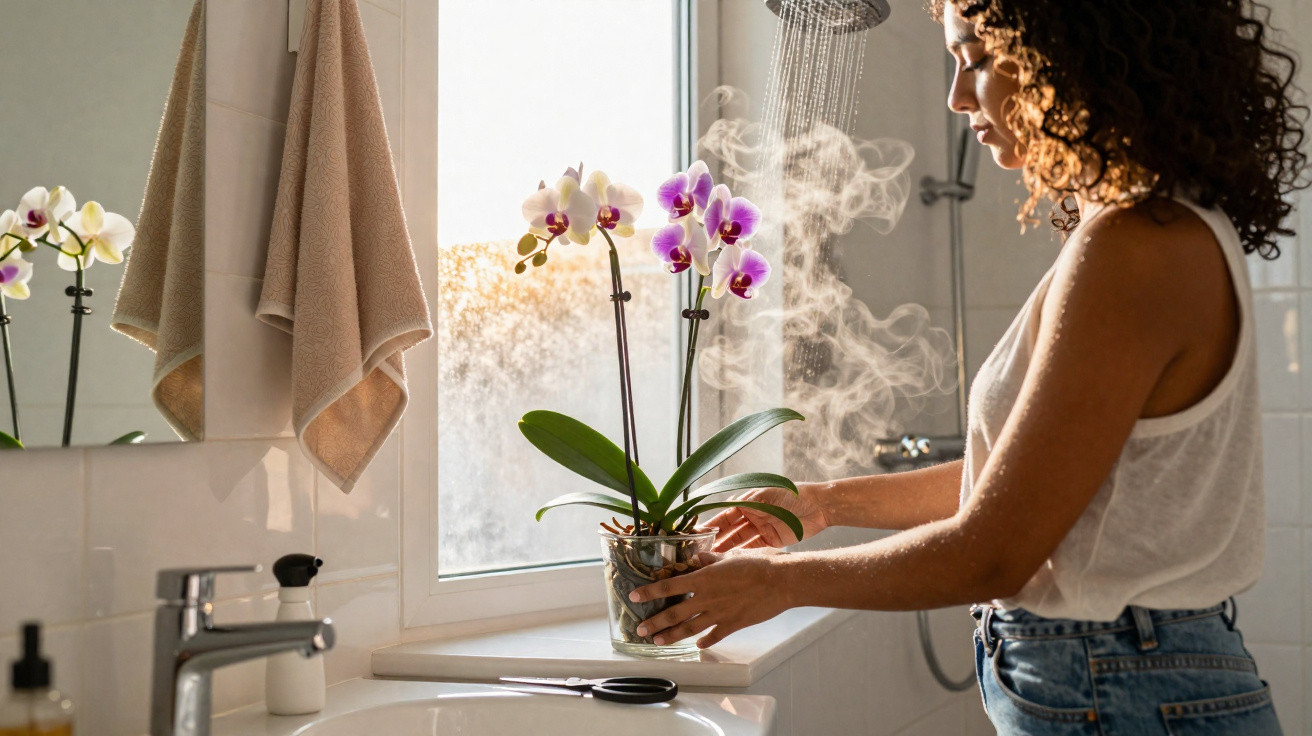 Woman steaming an orchid plant in a bright bathroom near a window with hanging towels and a sink.