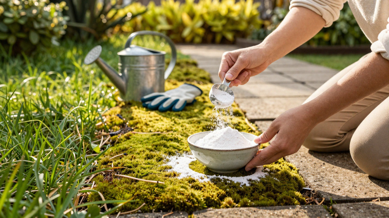 Person sprinkling white powder on moss in garden with watering can and gloves nearby.