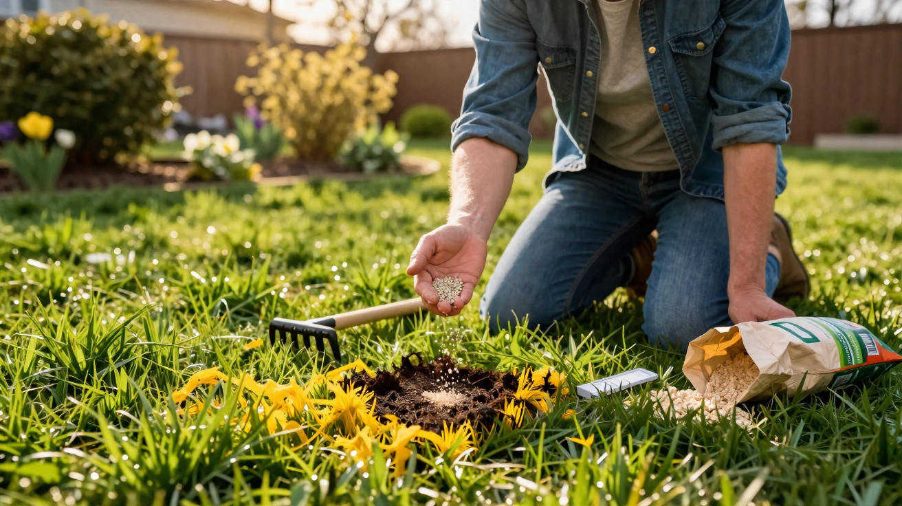 Person kneeling on grass fertilising soil with yellow flowers and garden rake nearby on a sunny day.