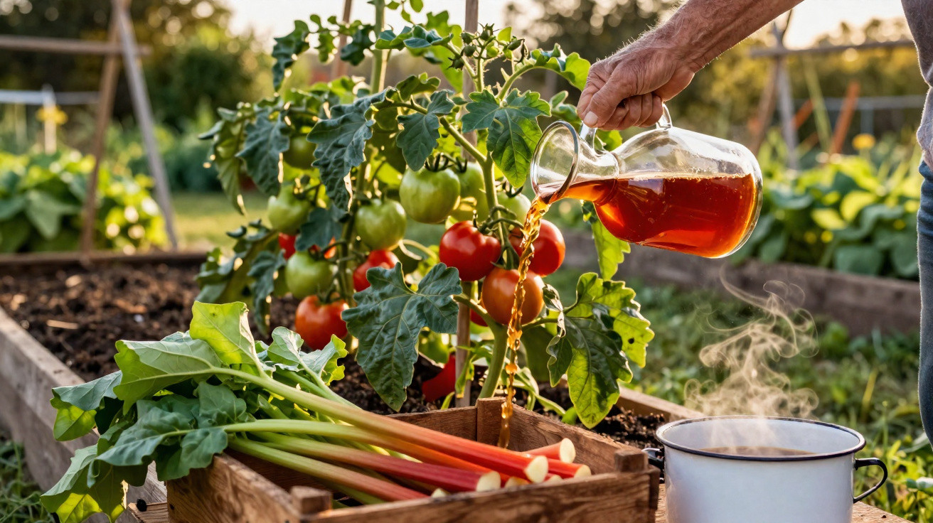 Person watering ripe and unripe tomatoes in a garden with fresh rhubarb stalks in a wooden crate nearby.