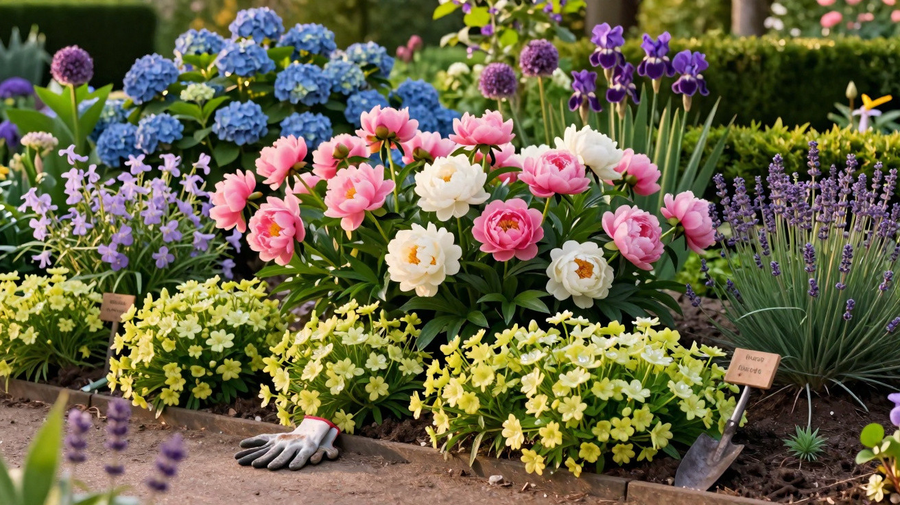 Colourful flowerbed with pink and white peonies, yellow primroses, purple hydrangeas, and garden tools in soil.