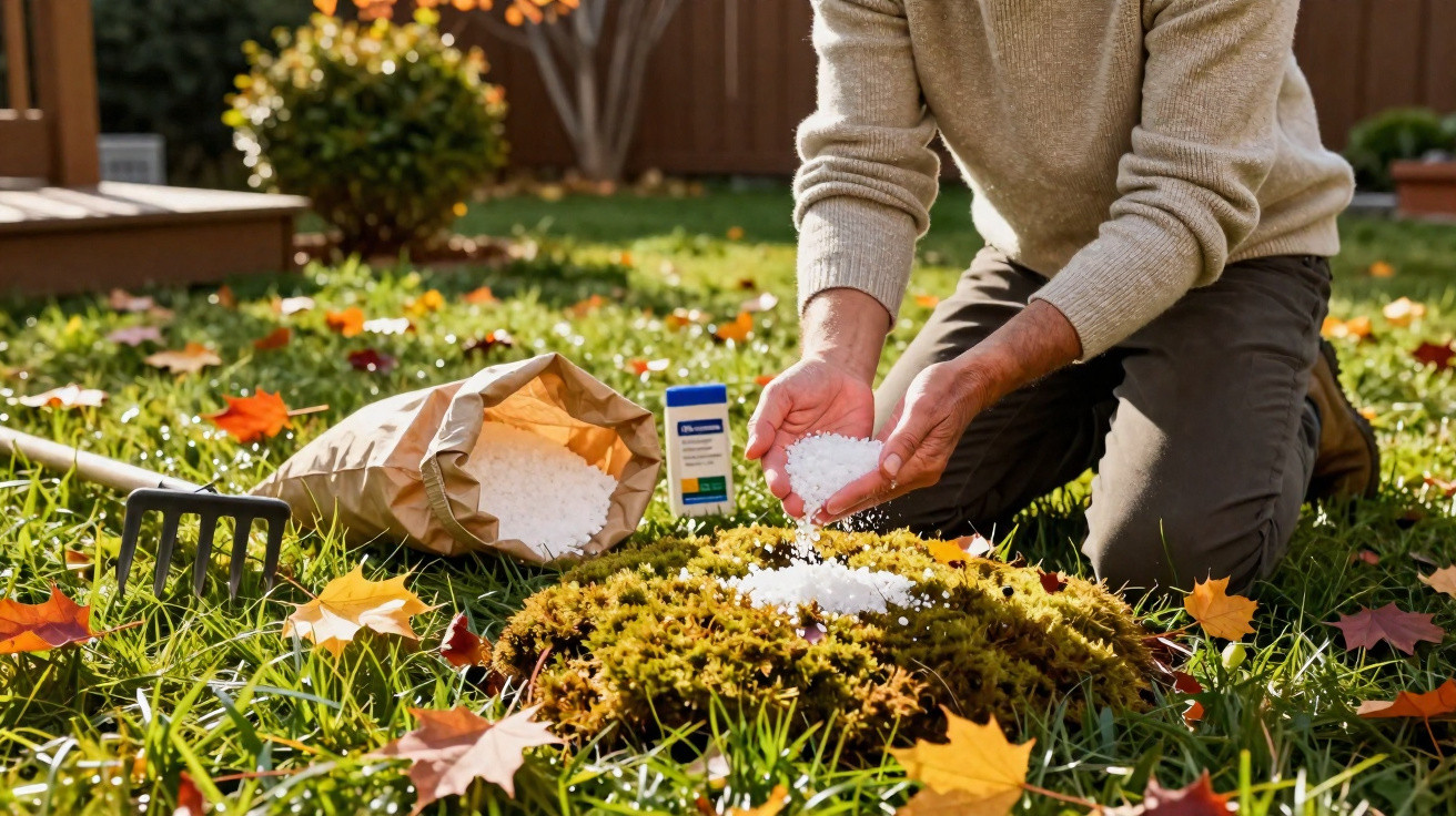 Person spreading fertiliser pellets on mossy patch in garden with autumn leaves scattered on grass.