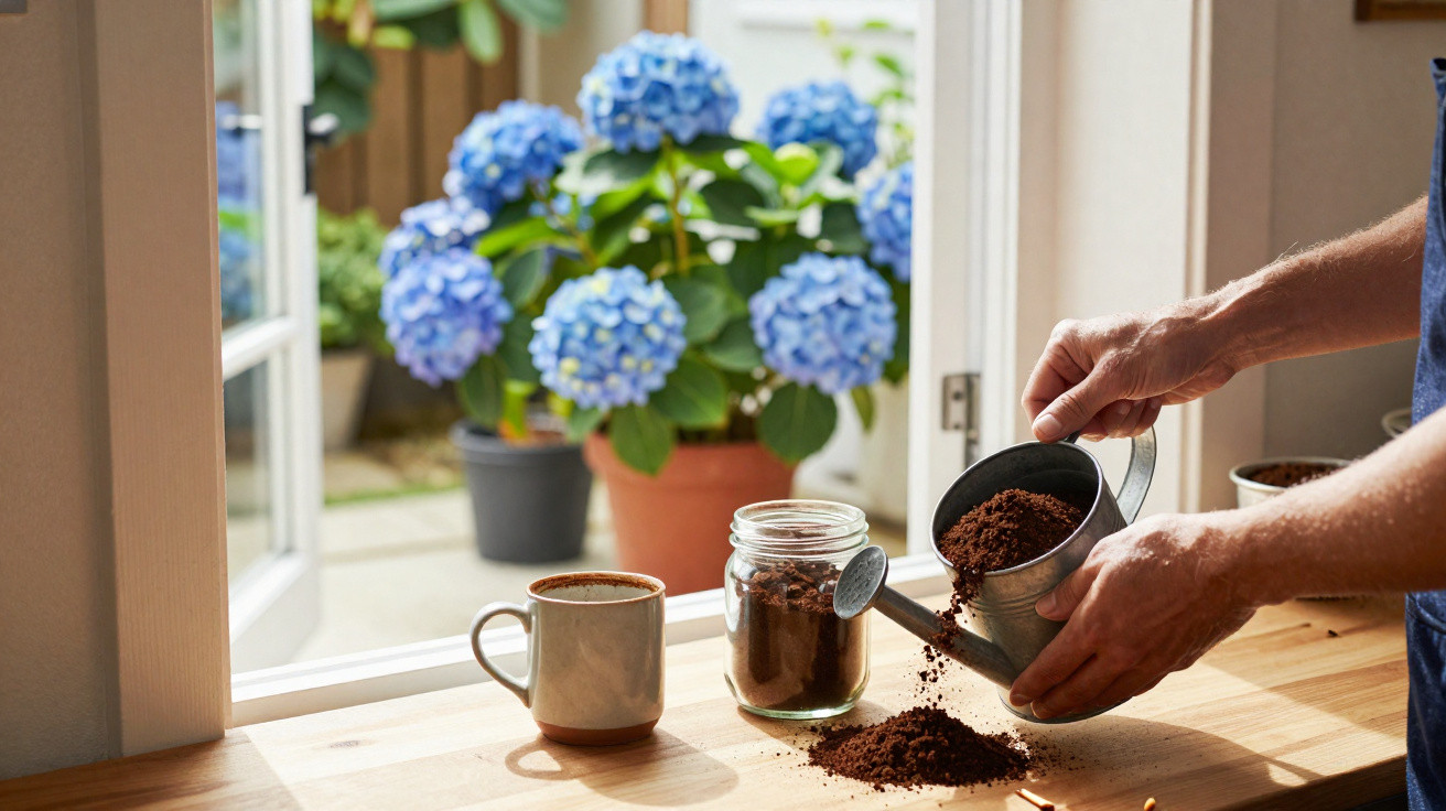 Person scooping coffee grounds from a watering can near a mug and jar by an open window with blue hydrangeas outside