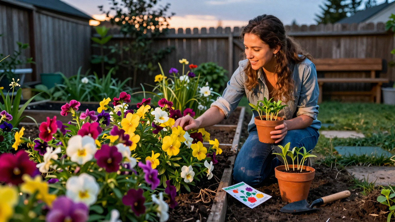 Woman planting colourful flowers in a garden bed at dusk, holding a pot and surrounded by gardening tools.