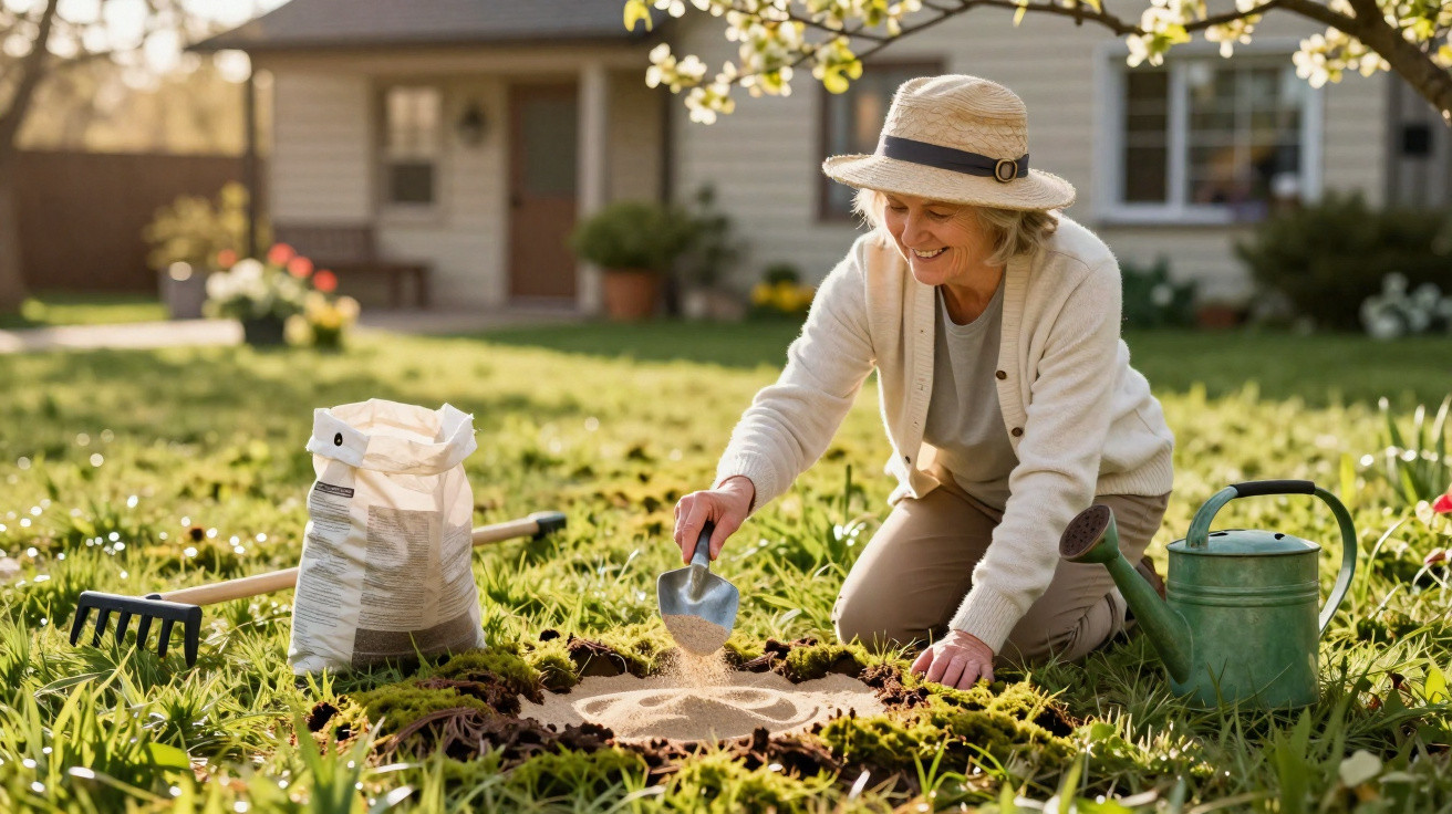 Elderly woman wearing a hat gardening, spreading fertiliser in a flower bed in a sunny backyard.
