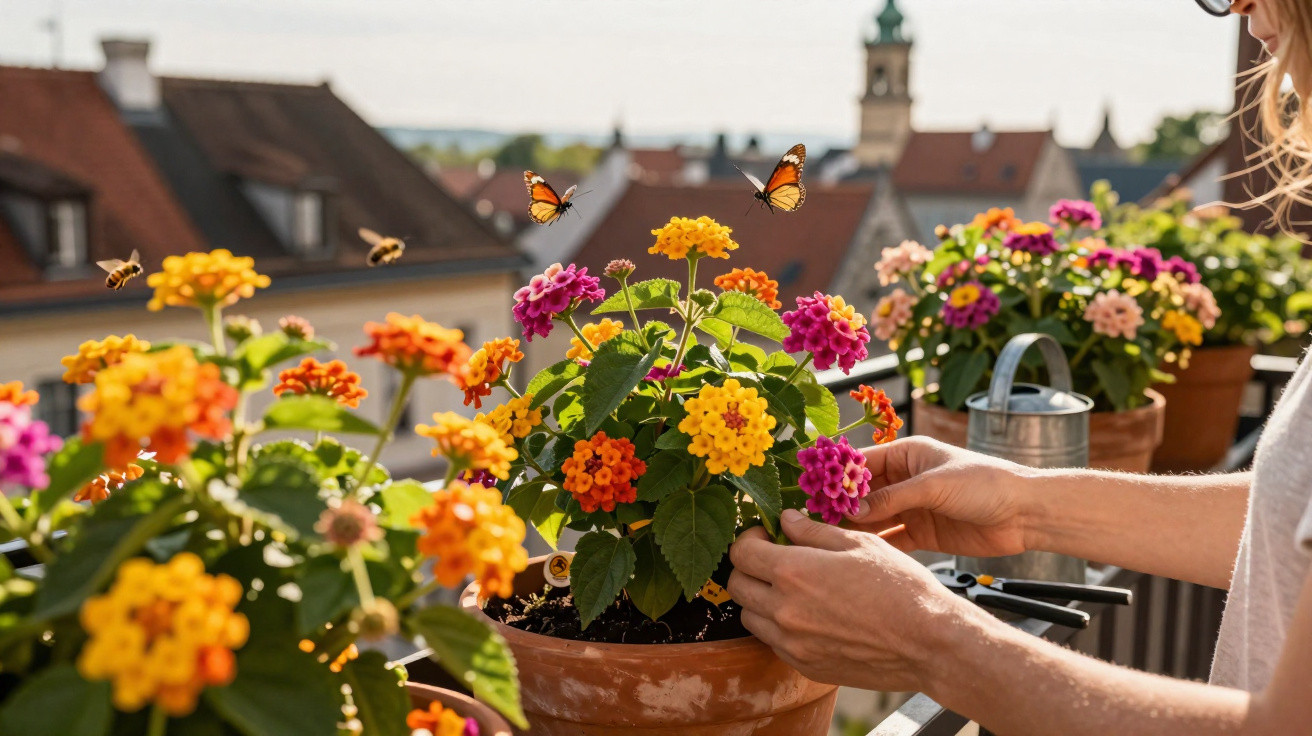 Hands tending colourful lantana flowers in pots on a balcony with butterflies and bees flying nearby.