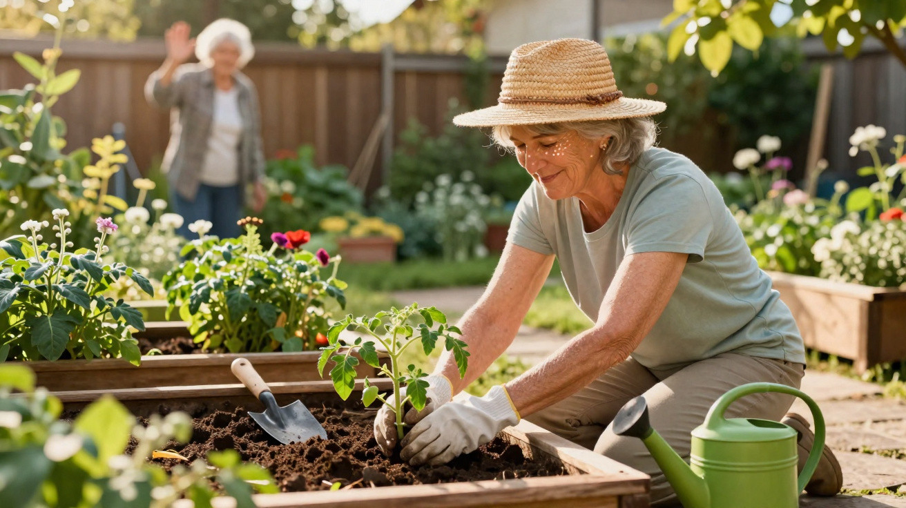 Elderly woman wearing a hat planting a small tomato plant in a garden bed with gardening tools nearby.