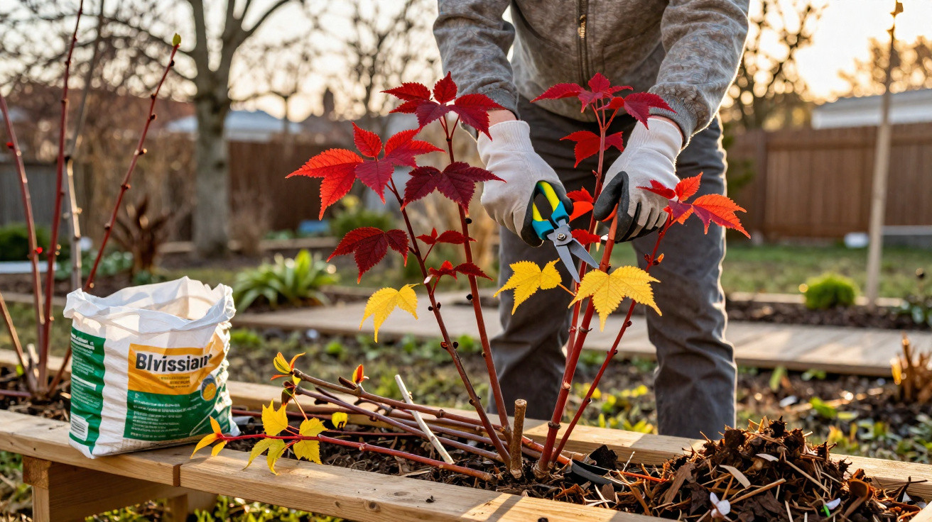 Person wearing gloves pruning red and yellow autumn leaves on a plant in a garden.