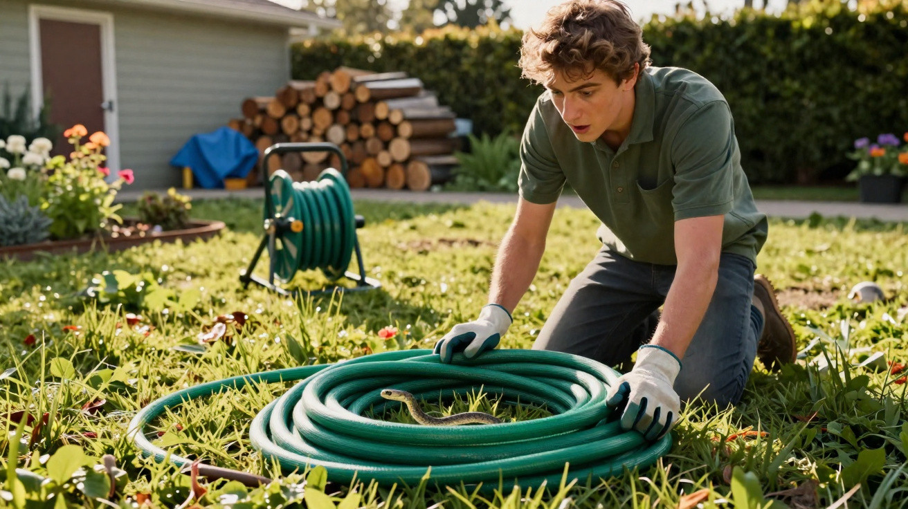 Young man watching a snake coiled inside a green garden hose in a sunny backyard.
