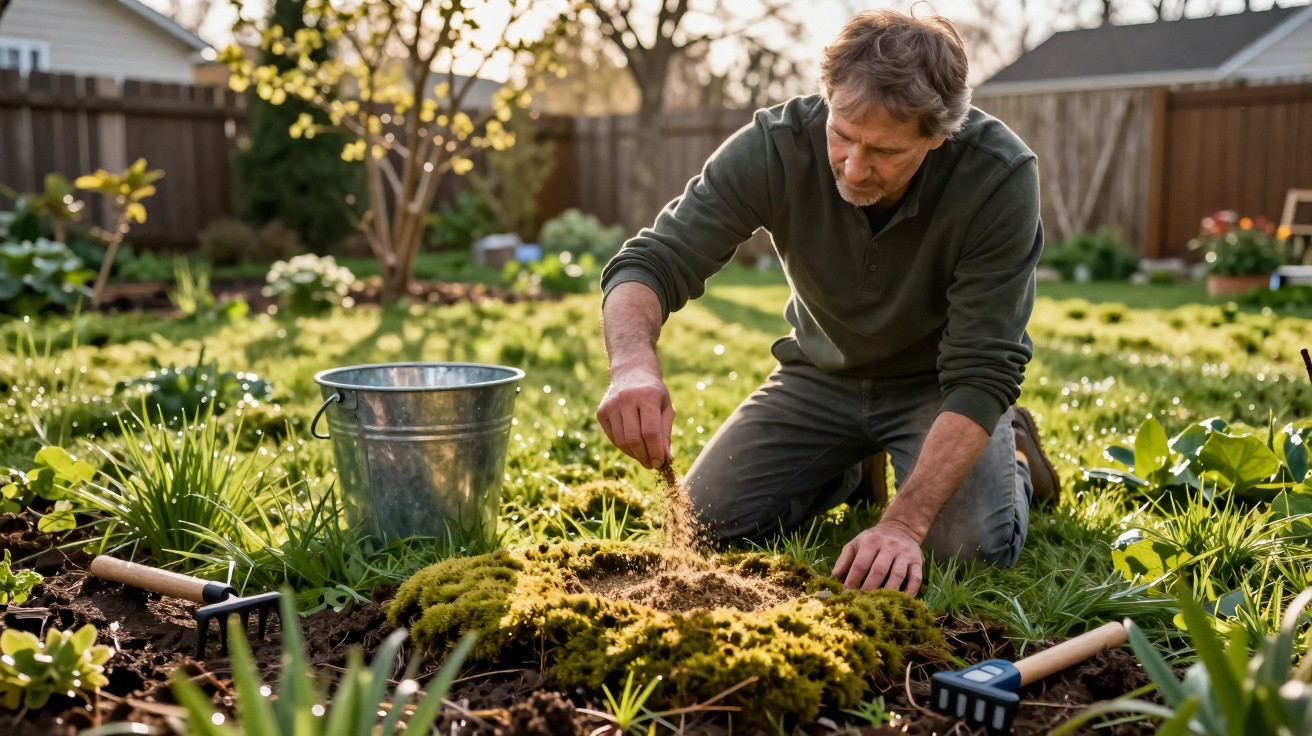 Man kneeling in garden scattering soil over green plants with gardening tools and metal bucket nearby.