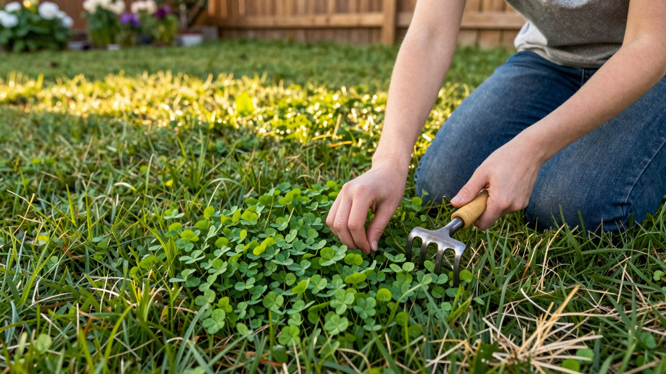 Person using a hand rake to remove clover weeds from a grassy lawn in a garden on a sunny day.