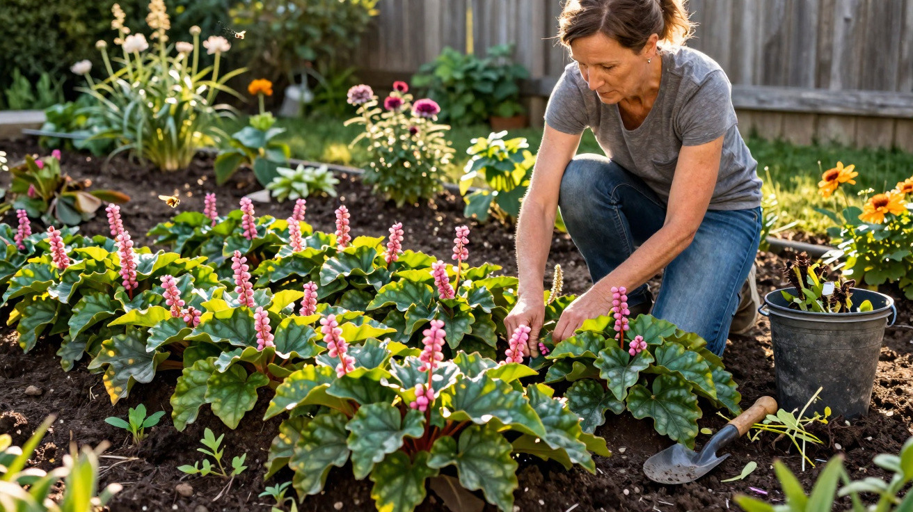 Woman tending to vibrant pink-flowered plants in a sunny garden bed with gardening tools nearby.