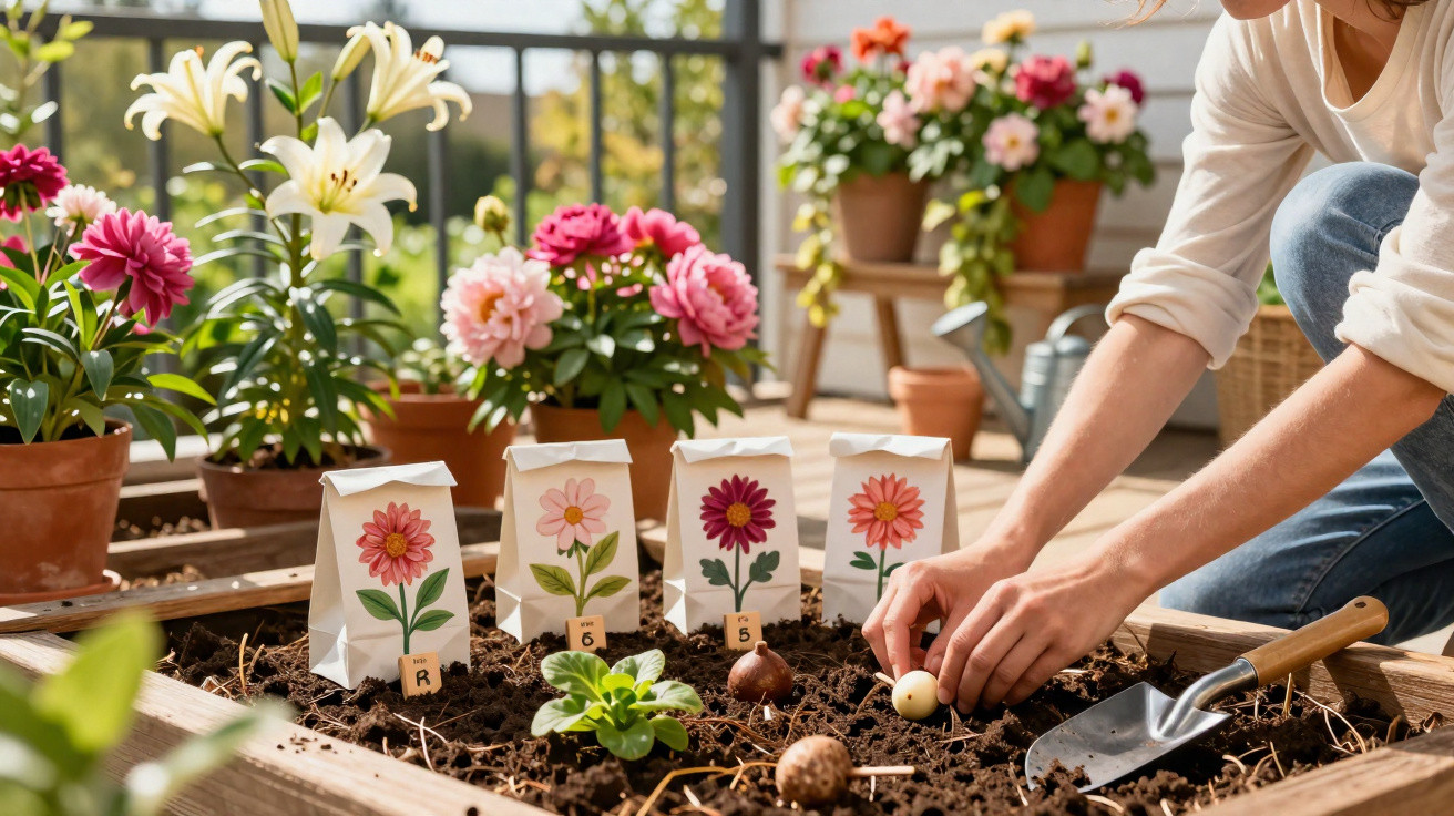 Person planting flower bulbs in a raised garden bed with labelled seed packets and blooming plants nearby.