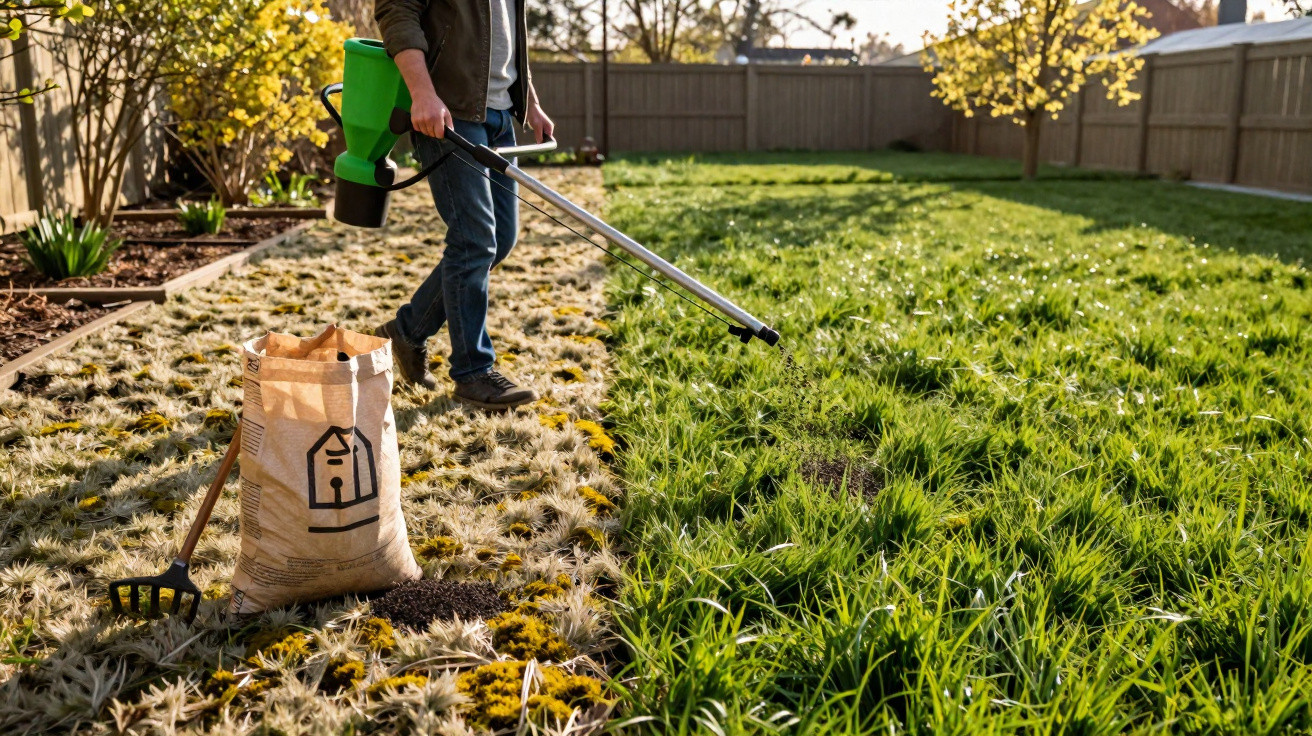 Person using a spreader to fertilise a garden lawn with green grass and brown patches on a sunny day.