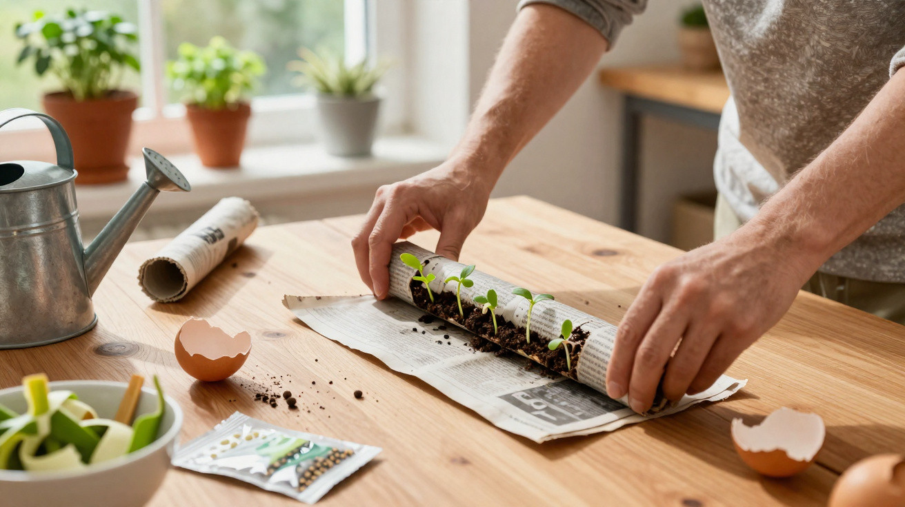Hands rolling newspaper with young seedlings growing in soil on a wooden table near window plants.