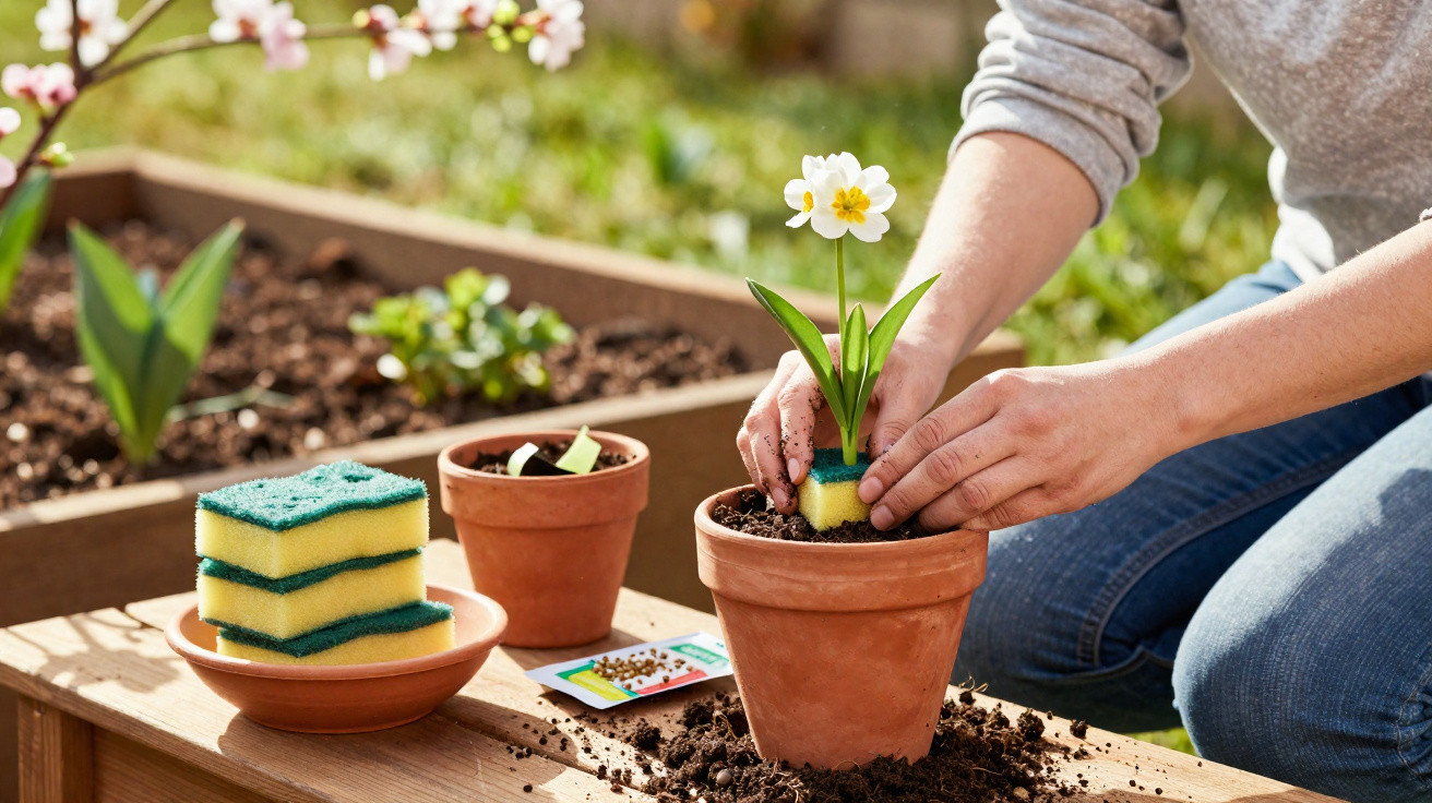 Person planting a white and yellow flower in a terracotta pot outdoors with gardening sponges and seeds nearby.