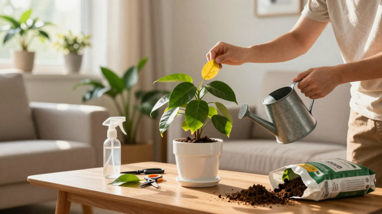 Person watering a potted plant on a wooden table with gardening tools and soil in a bright living room.