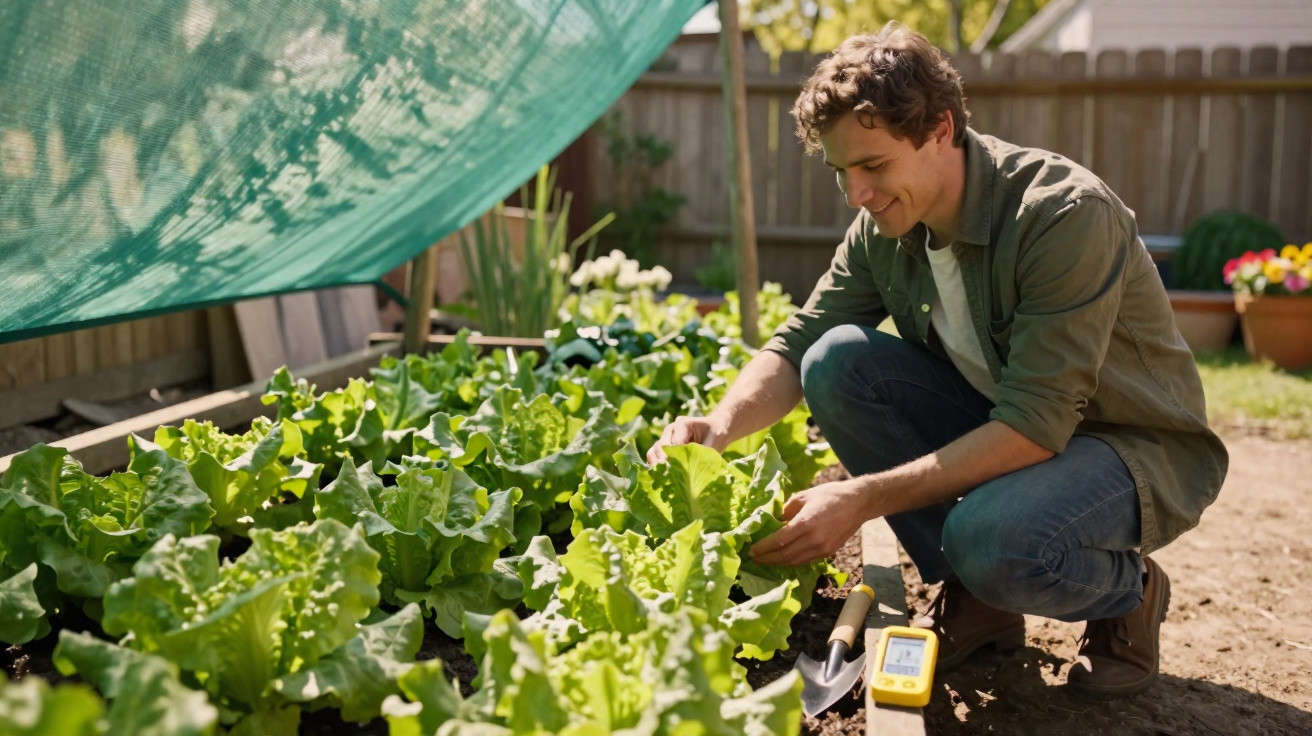 Man tending to leafy green vegetables in a sunny garden with shade cloth overhead