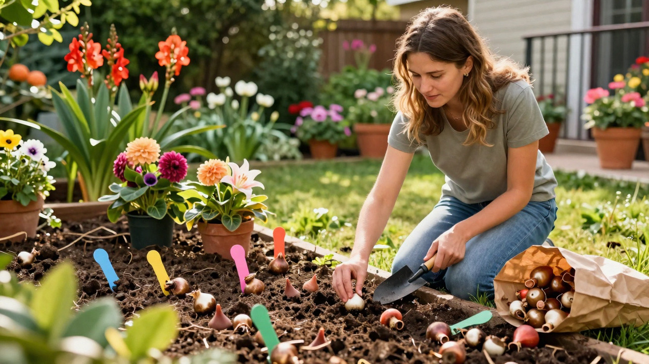 Woman planting flower bulbs in a garden bed with colourful markers on a sunny day.