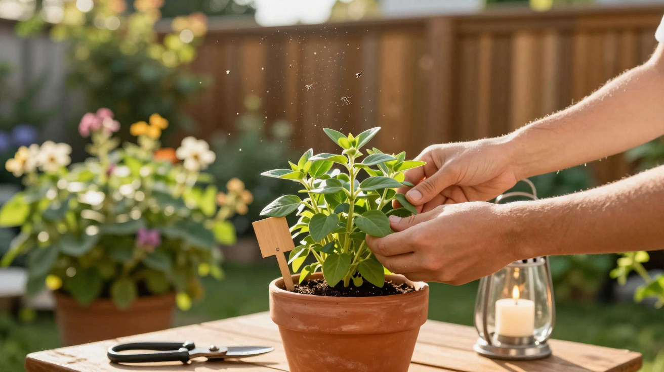 Hands tending to a green potted plant on a wooden table with garden scissors and a lit candle nearby outdoors.