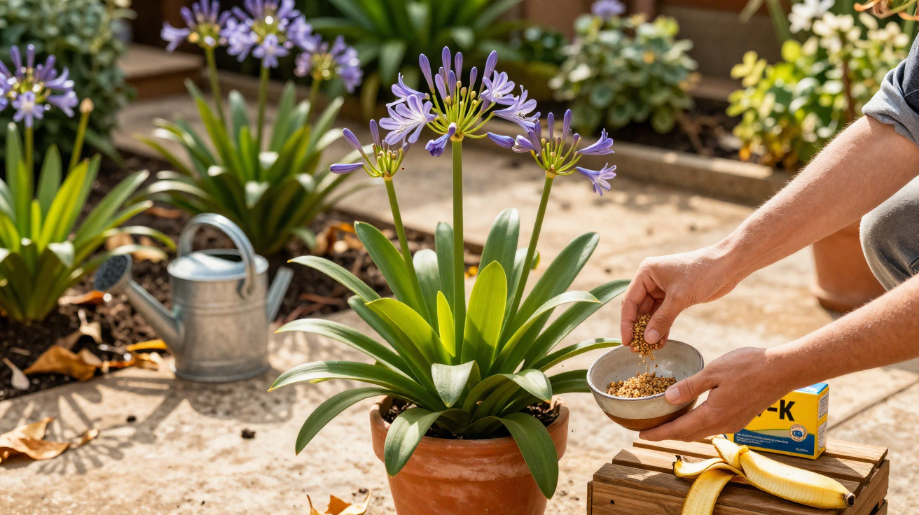 Person spreading seeds near a potted agapanthus plant in a garden with a watering can nearby.