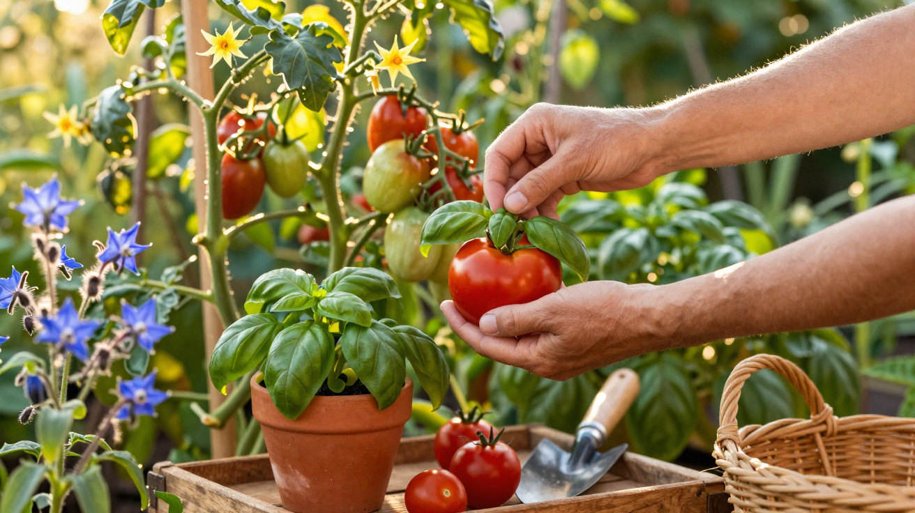 Hands holding a ripe tomato with basil leaves in a garden surrounded by tomato plants and flowers.
