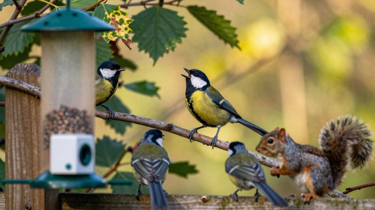 Four great tits perched on branches near a squirrel beside a bird feeder in a garden.