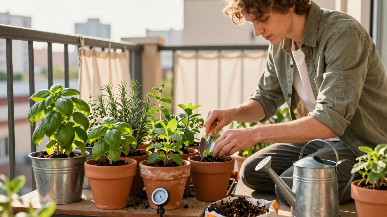 Young man tending potted herb plants on a balcony with gardening tools and watering can nearby.