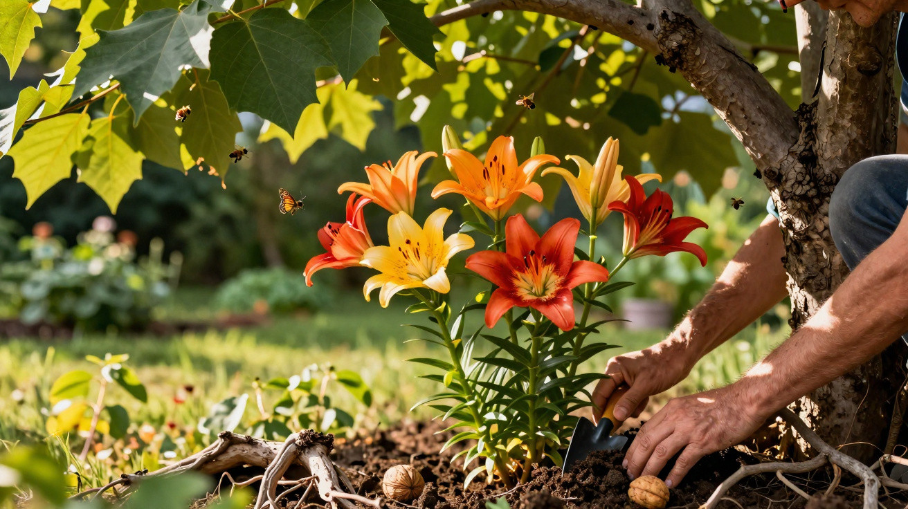 Person gardening colourful lilies under a tree with bees and a butterfly in a sunlit garden.