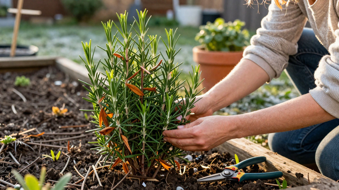 Person tending to a rosemary plant in a garden bed with pruning shears nearby.