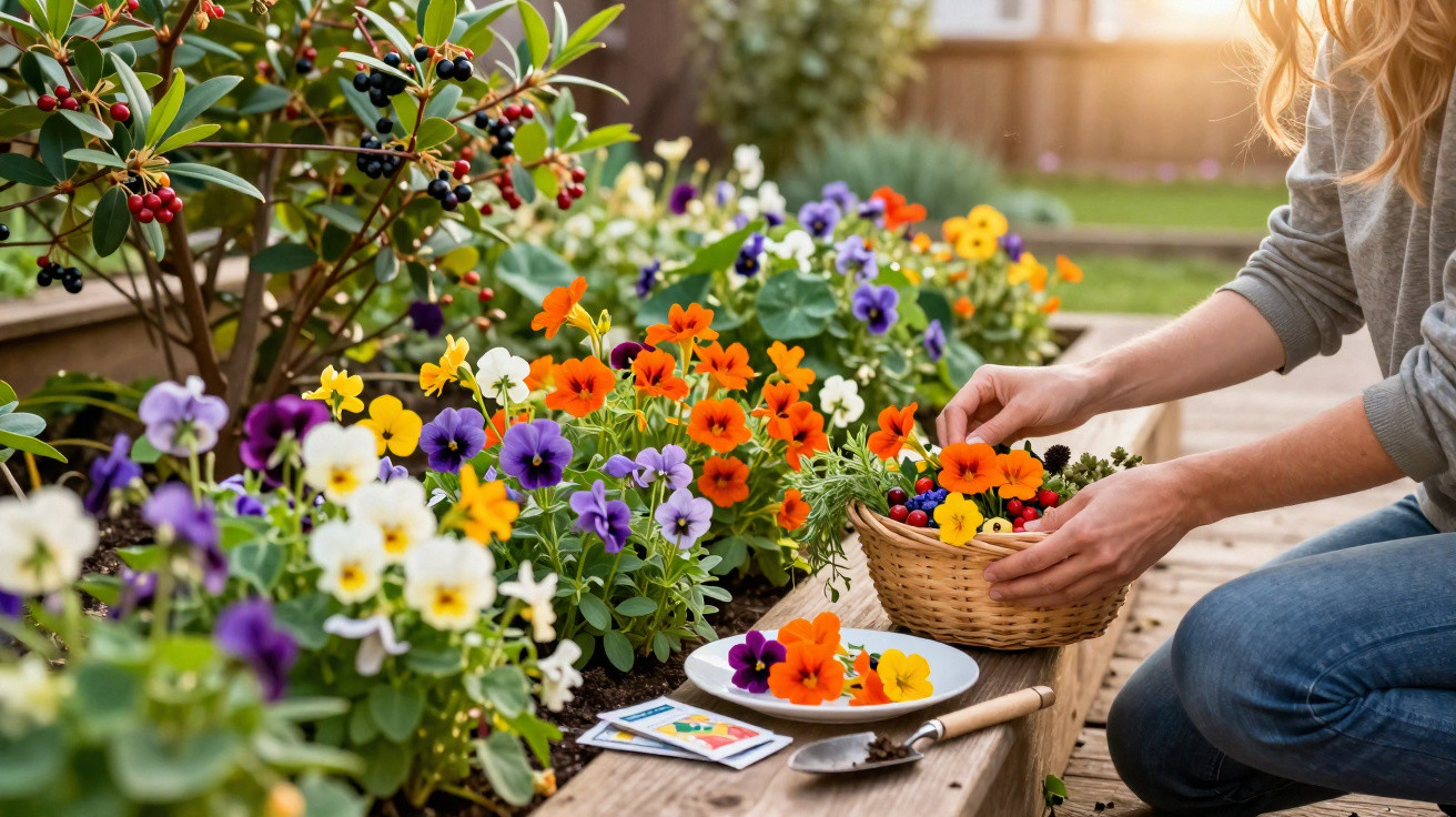 Person picking vibrant orange, purple, and yellow pansies from a garden bed into a basket at sunset.