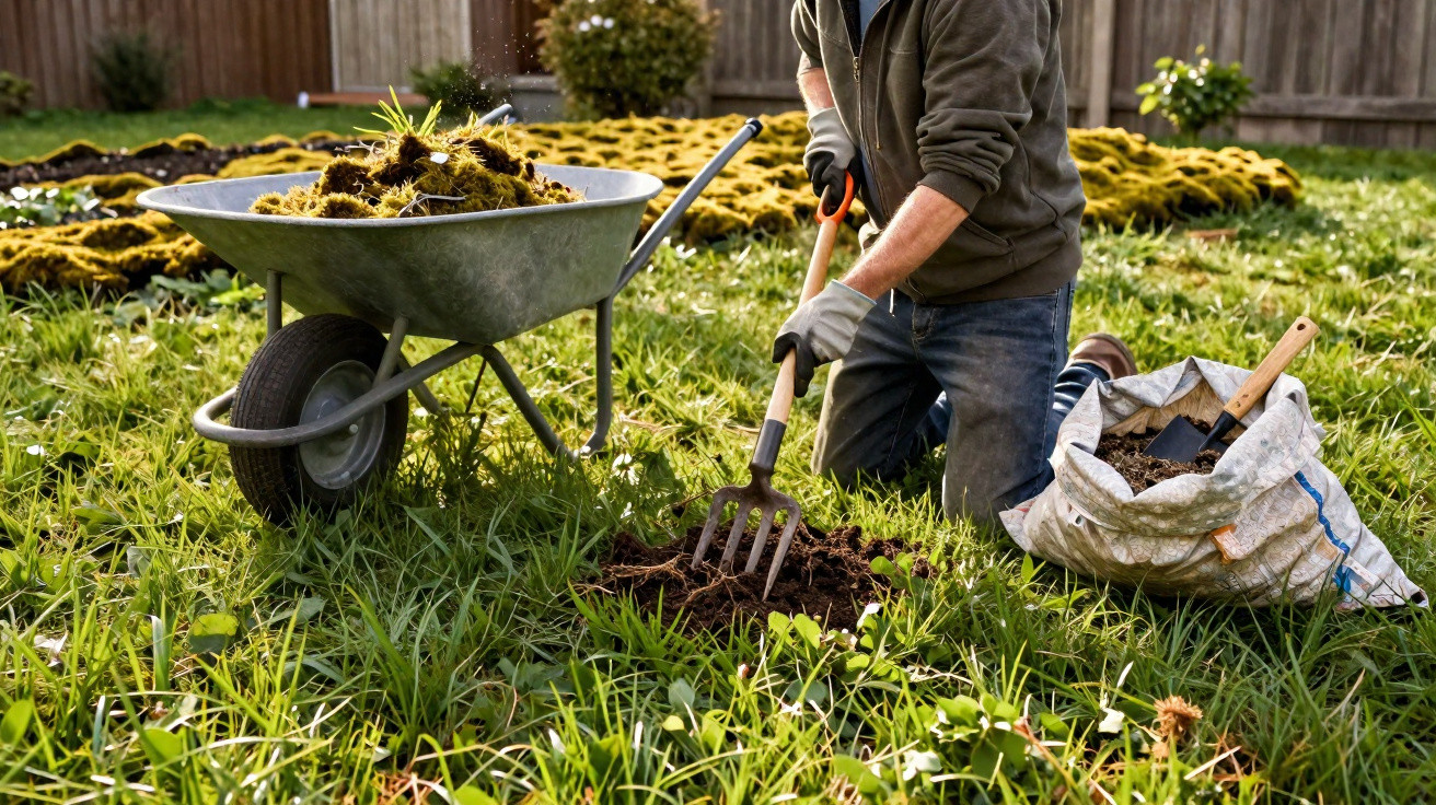 Person using garden fork to dig soil beside a wheelbarrow full of moss in a grassy backyard.